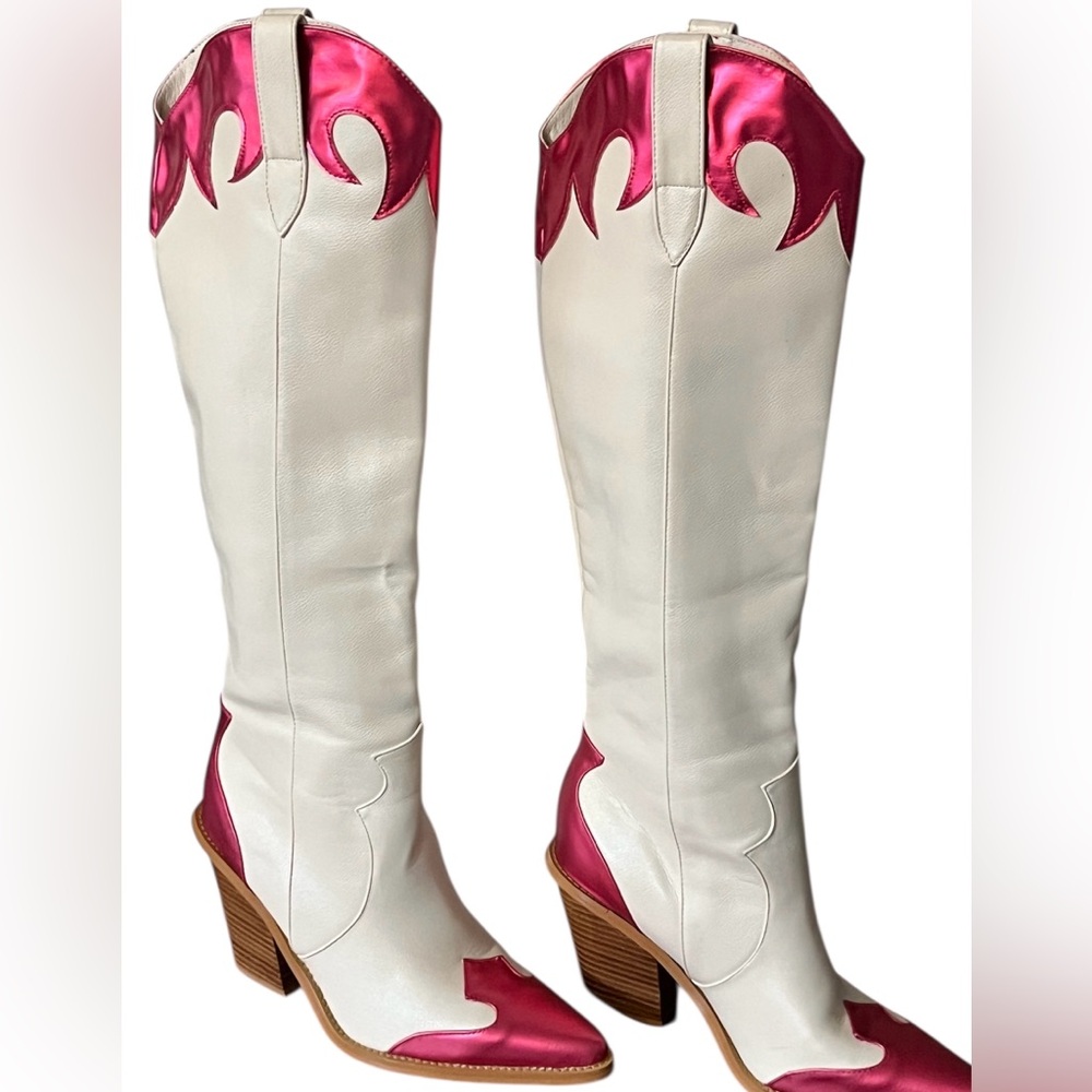 Billini Sayuri knee high cowboy boots white pink metallic flames pointed toe 8 - Picture 3 of 8